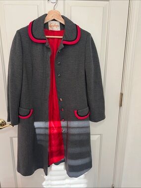 Classic Gray Pea Coat with Red Trim by Windsor